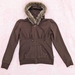 Vtg Y2K LA Kitty Faux Fur Hoodie Sweatshirt L Brown Gold Striped Zip Up Puff Slv